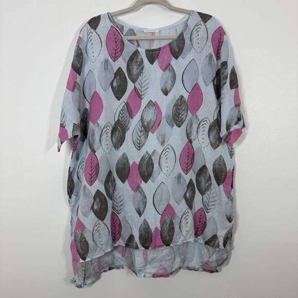 Unbranded 100% Linen Blue Leaf Print Short Sleeve High Low Tunic Top Breathable - Picture 1 of 5